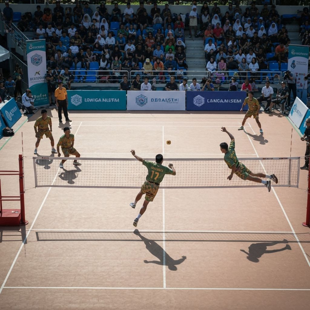 Illustrazione di una partita di sepak takraw sopra la rete
